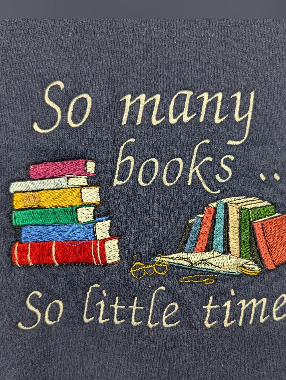 VTG 90s Jerzees Super Sweats Bookish Embroidered Crewneck Sweatshirt XL Navy - Picture 2 of 8